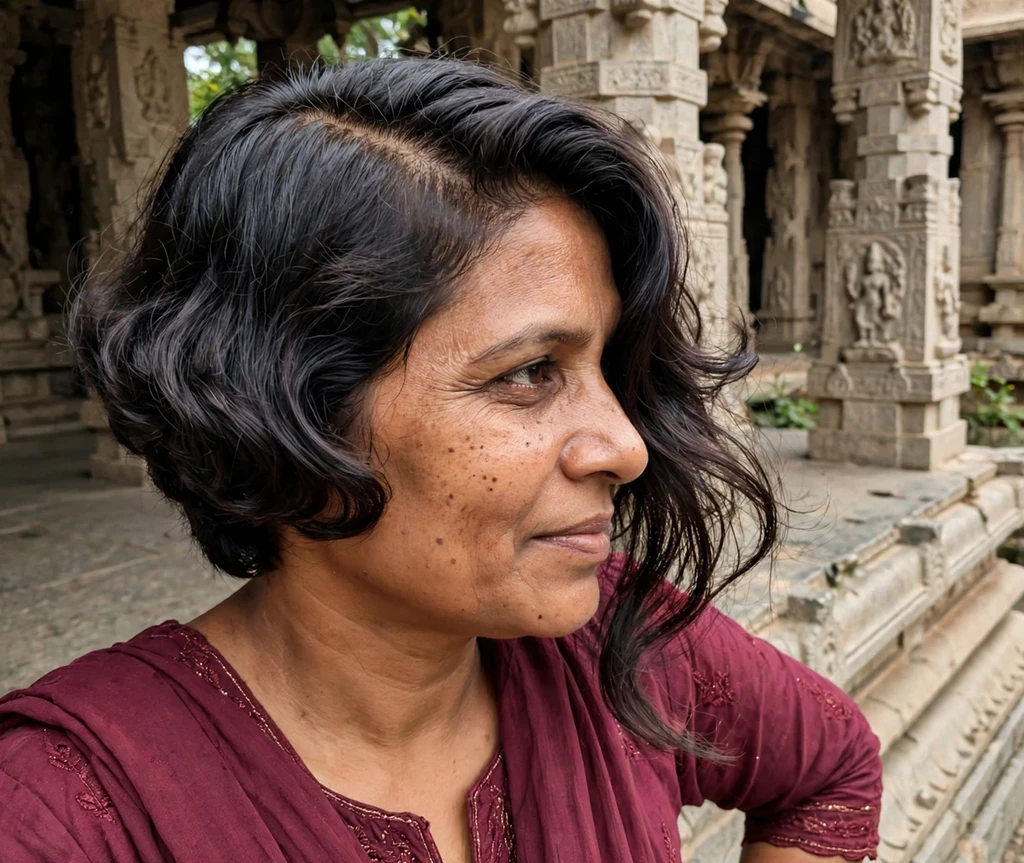 Angled bob with dramatic deep side part on dark wavy hair, maroon salwar, temple courtyard