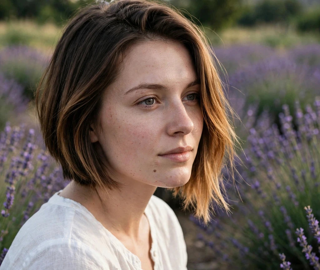 Angled bob with caramel balayage melting into dark brown ends, white linen top, lavender field