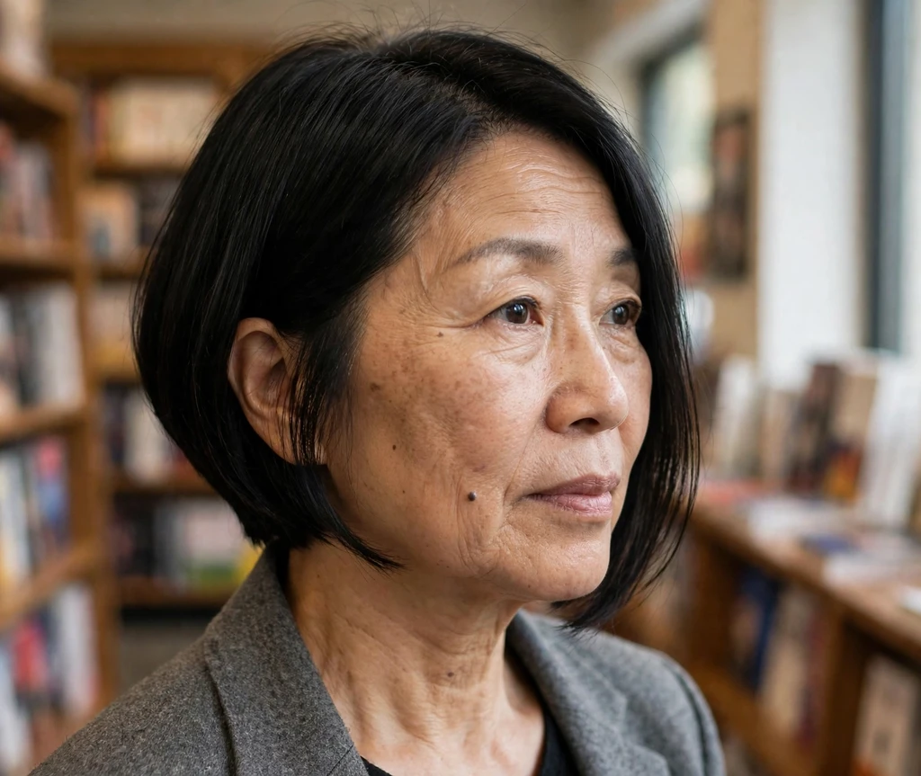 Sleek chin-length angled bob on jet-black hair, gray blazer, bookstore