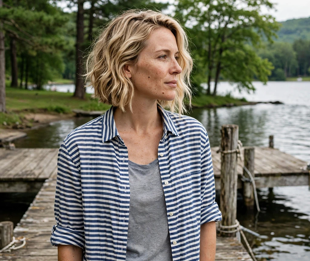 Wavy angled bob with beachy texture on dark brown hair, striped shirt, lakeside dock