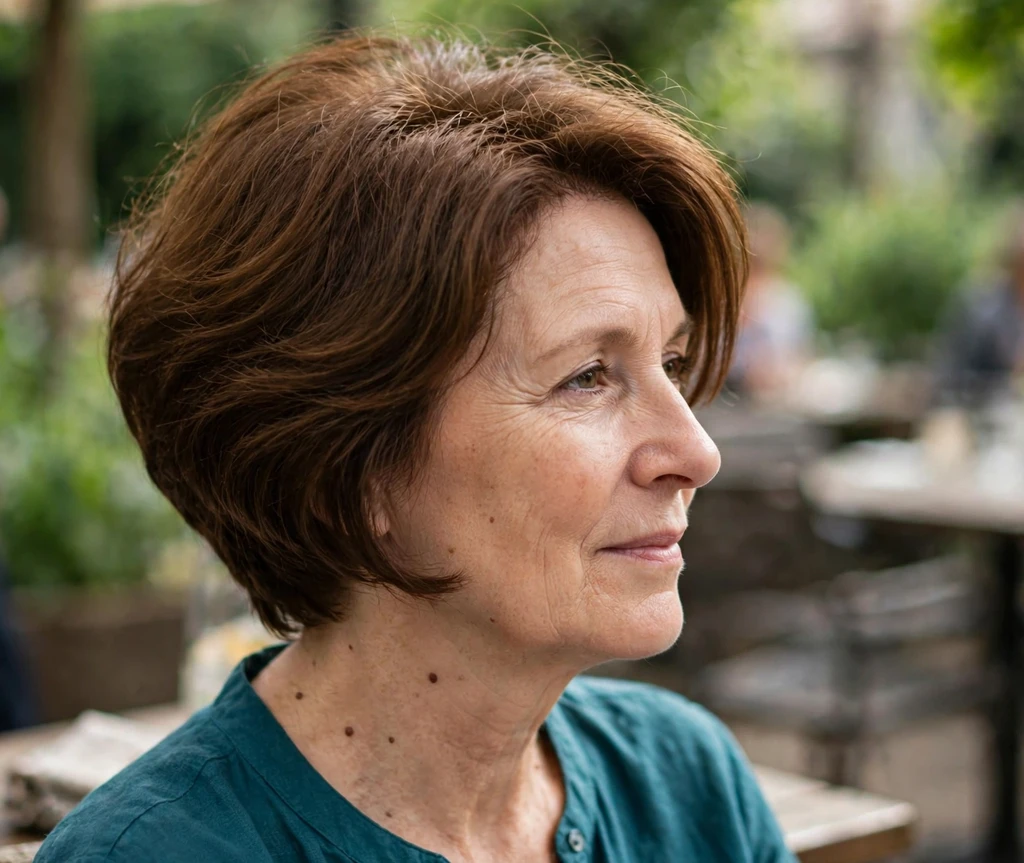 Inverted angled bob with stacked back volume on warm brown hair, teal blouse, garden café