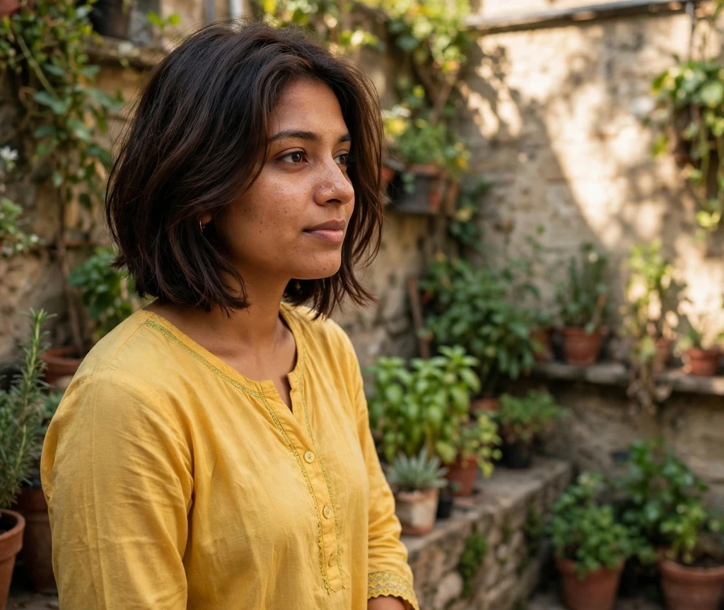 Angled bob with long layered front pieces on dark brown hair, yellow kurta, sunlit courtyard