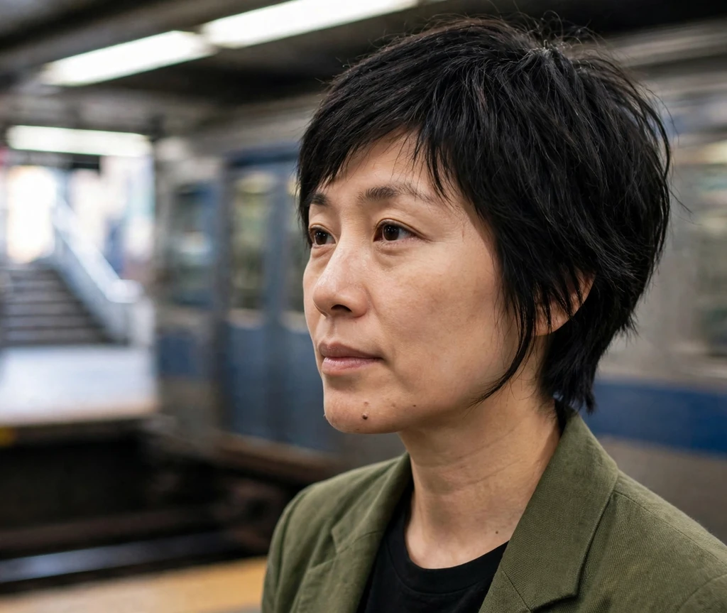 Short pixie-length angled bob with shaggy texture on black hair, olive blazer, subway platform