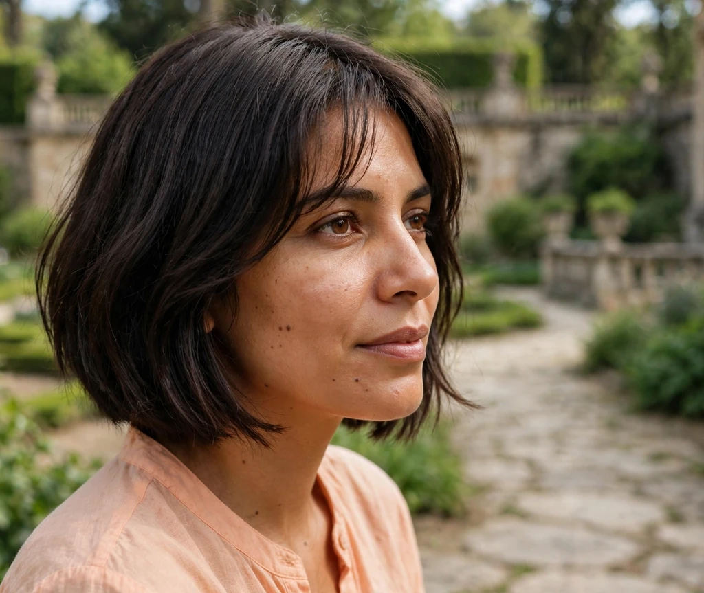 Angled bob with soft curtain bangs on dark brown hair, peach blouse, palace garden