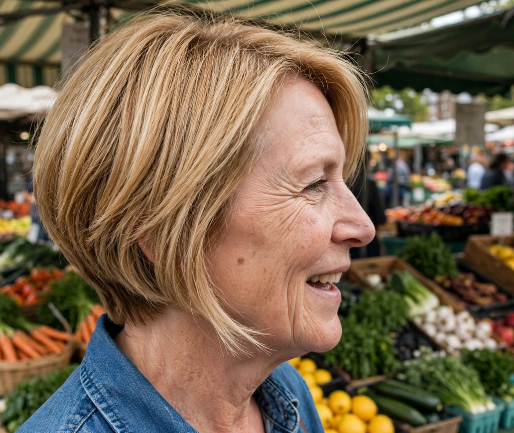 Razor-cut feathered angled bob on honey-blonde hair, denim shirt, farmers market