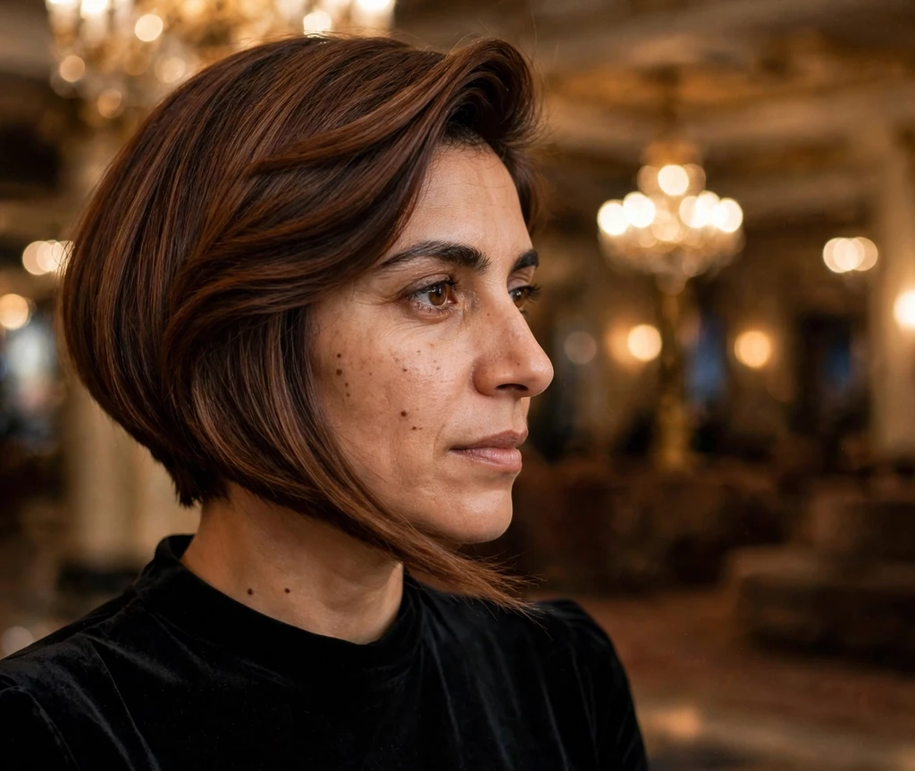 Angled bob with dramatic deep side sweep on chestnut hair, black evening dress, theater lobby
