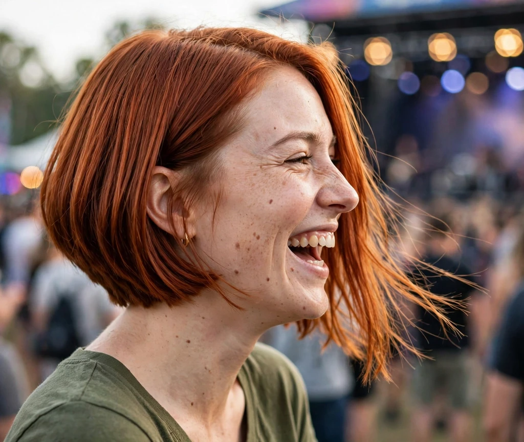 Vibrant copper-red angled bob with glossy finish, green top, music festival