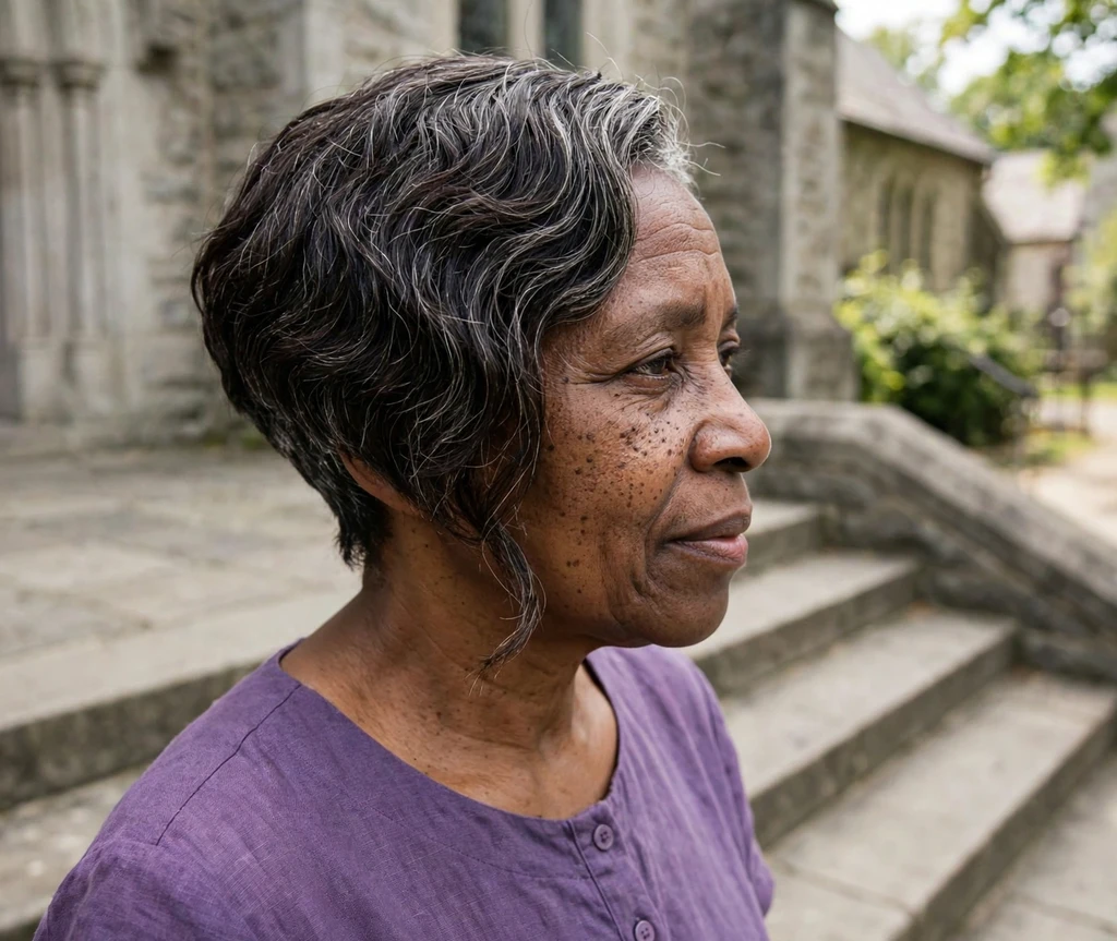 Angled bob with close-tapered nape on silver-streaked dark hair, purple dress, church steps