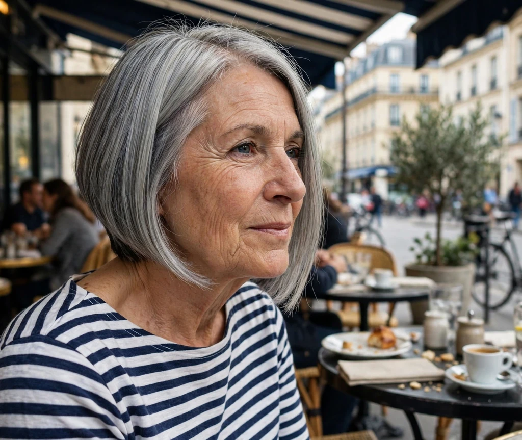 Sleek silver-gray angled bob, striped Breton top, Parisian café