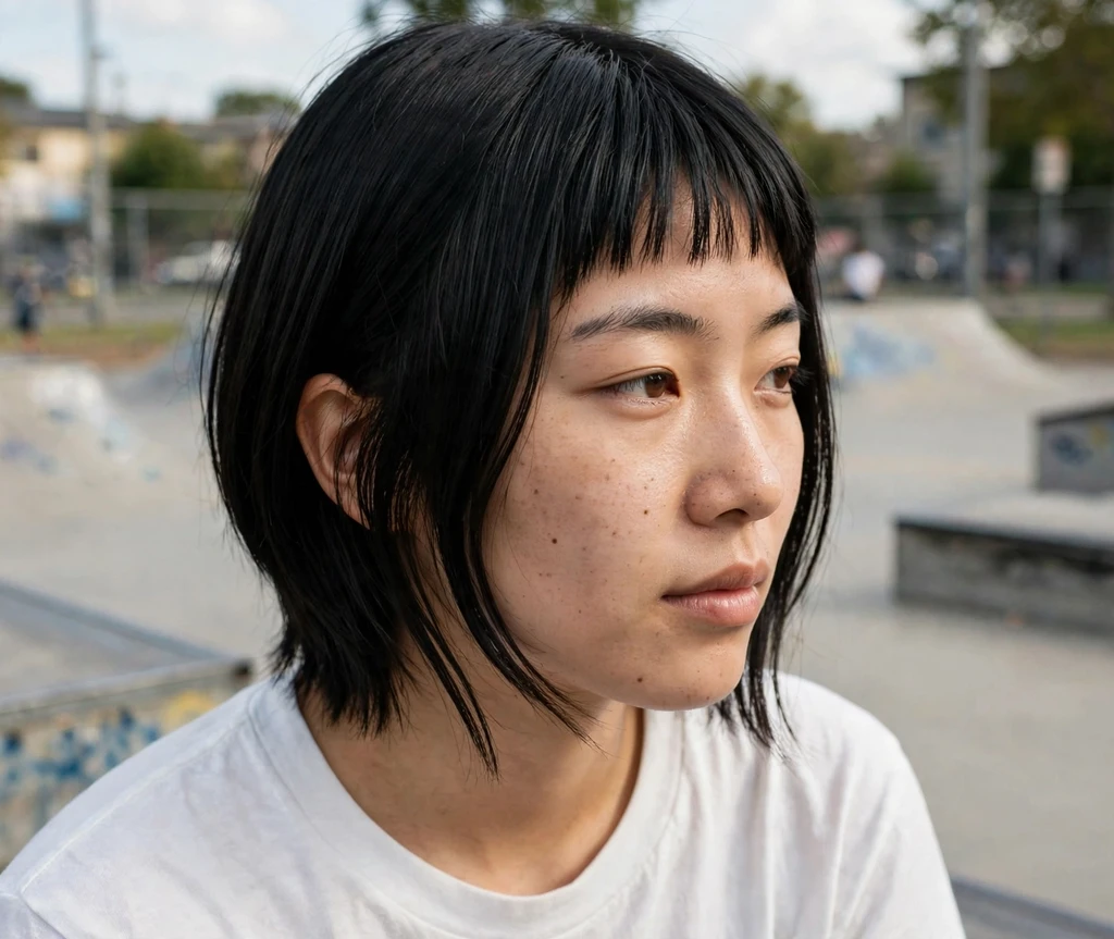 Angled bob with short micro bangs on jet-black hair, white tee, skate park