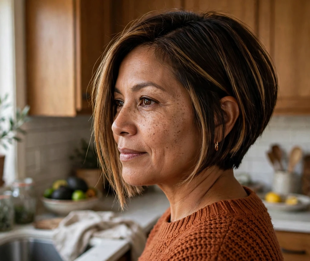 Angled bob with bright caramel money-piece highlights, rust-colored sweater, cozy home kitchen