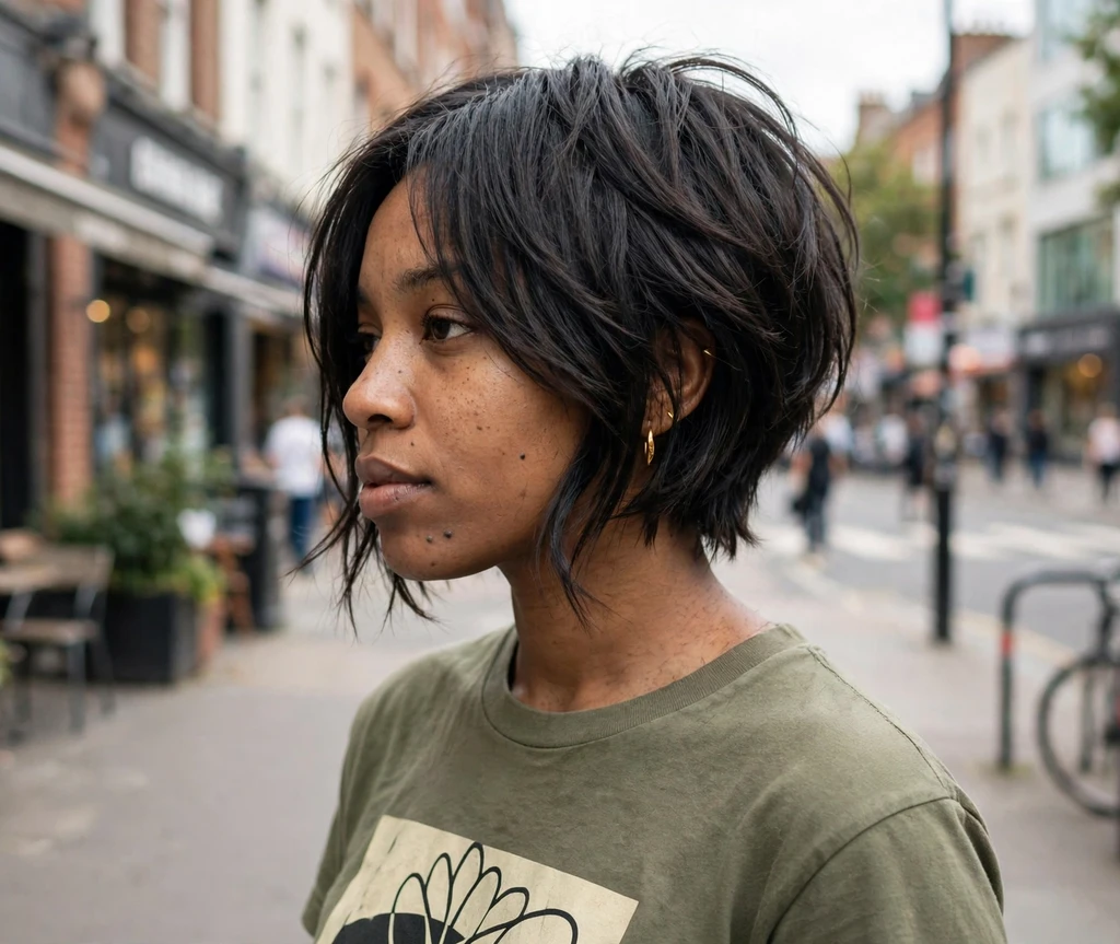 Shaggy textured angled bob with choppy layers on dark hair, graphic tee, city street