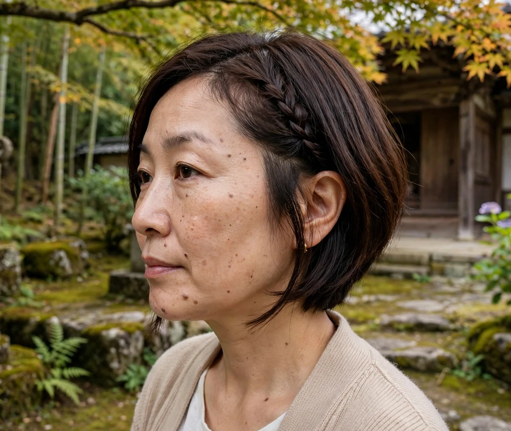 Angled bob with small braided temple accent on dark brown hair, beige cardigan, temple garden