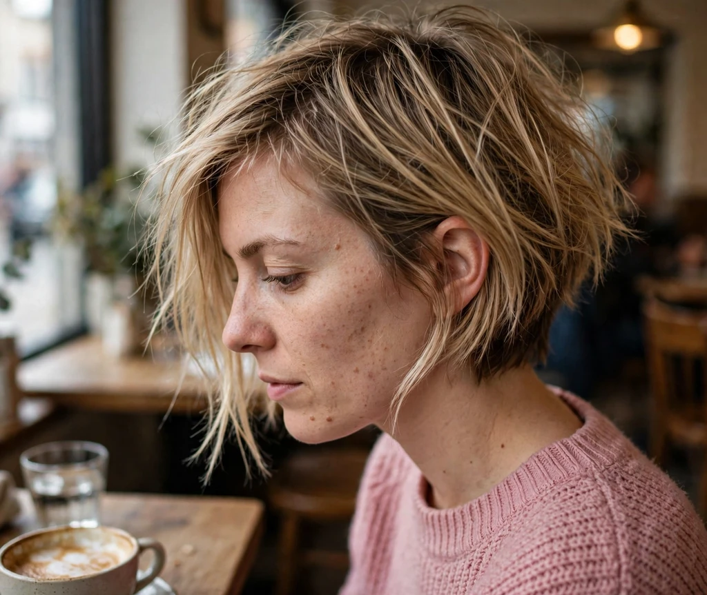 Tousled bedhead angled bob on dirty-blonde hair, pink sweater, cozy café