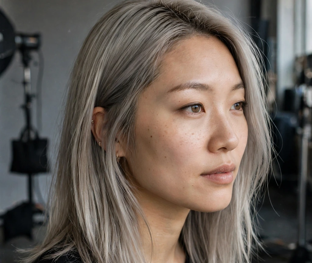 Woman with a smoky ash blonde straight lob in a studio