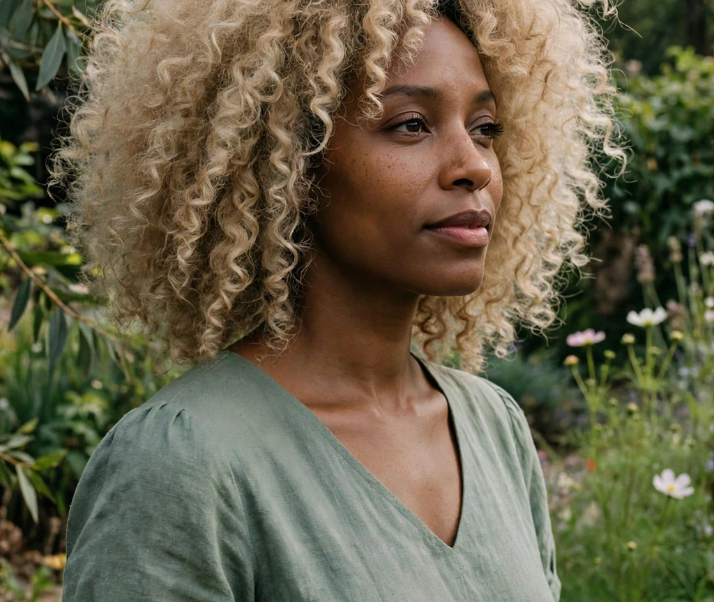Woman with voluminous mushroom blonde curls in a garden