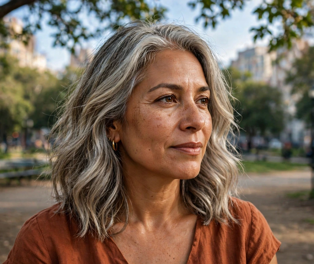 Woman with silver-blended ash blonde shoulder waves in a park