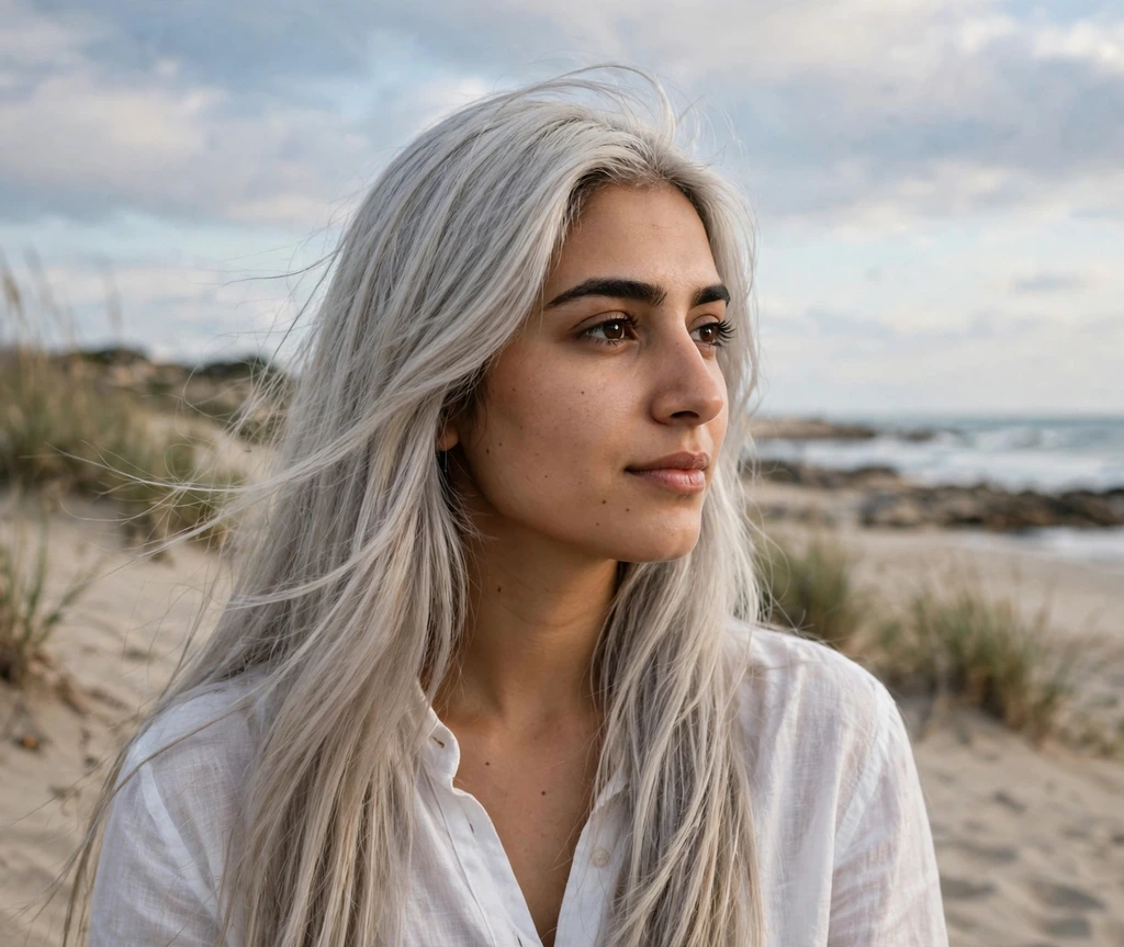 Woman with long straight silver-ash blonde hair on a beach
