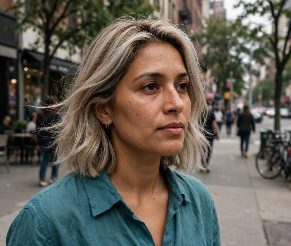 Woman with a beige-ash blonde lob on a city street