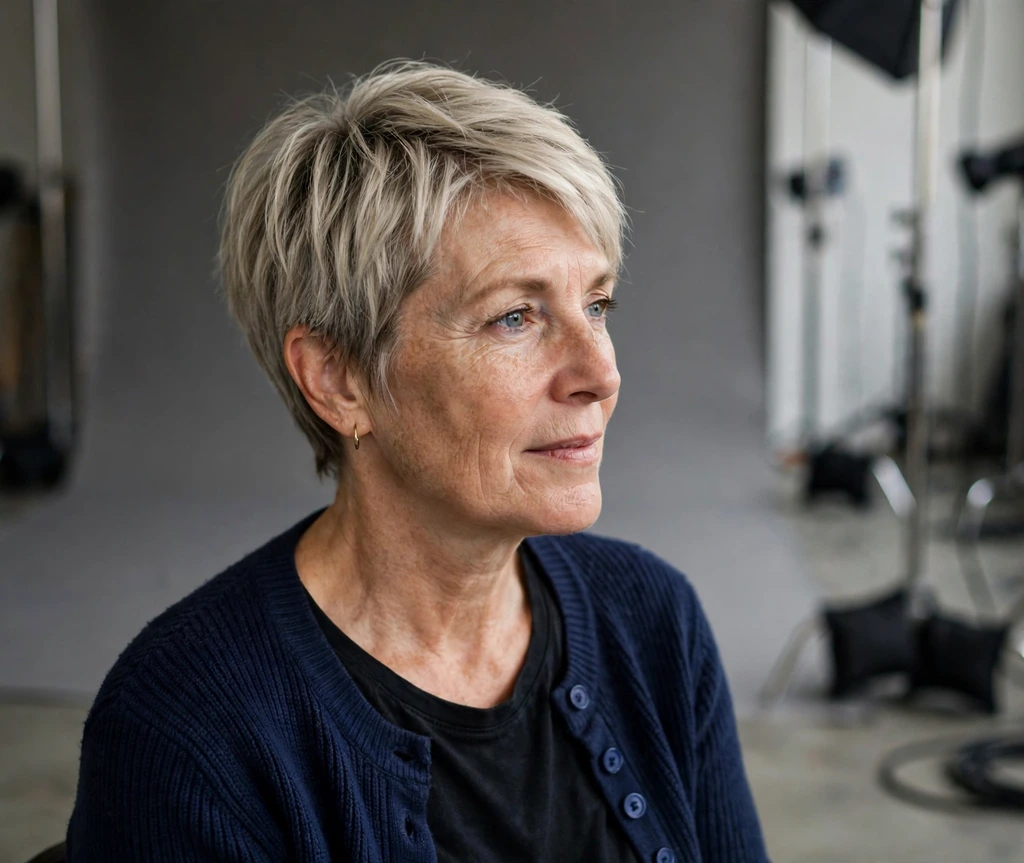 Woman with a short ash blonde pixie-bob in a studio