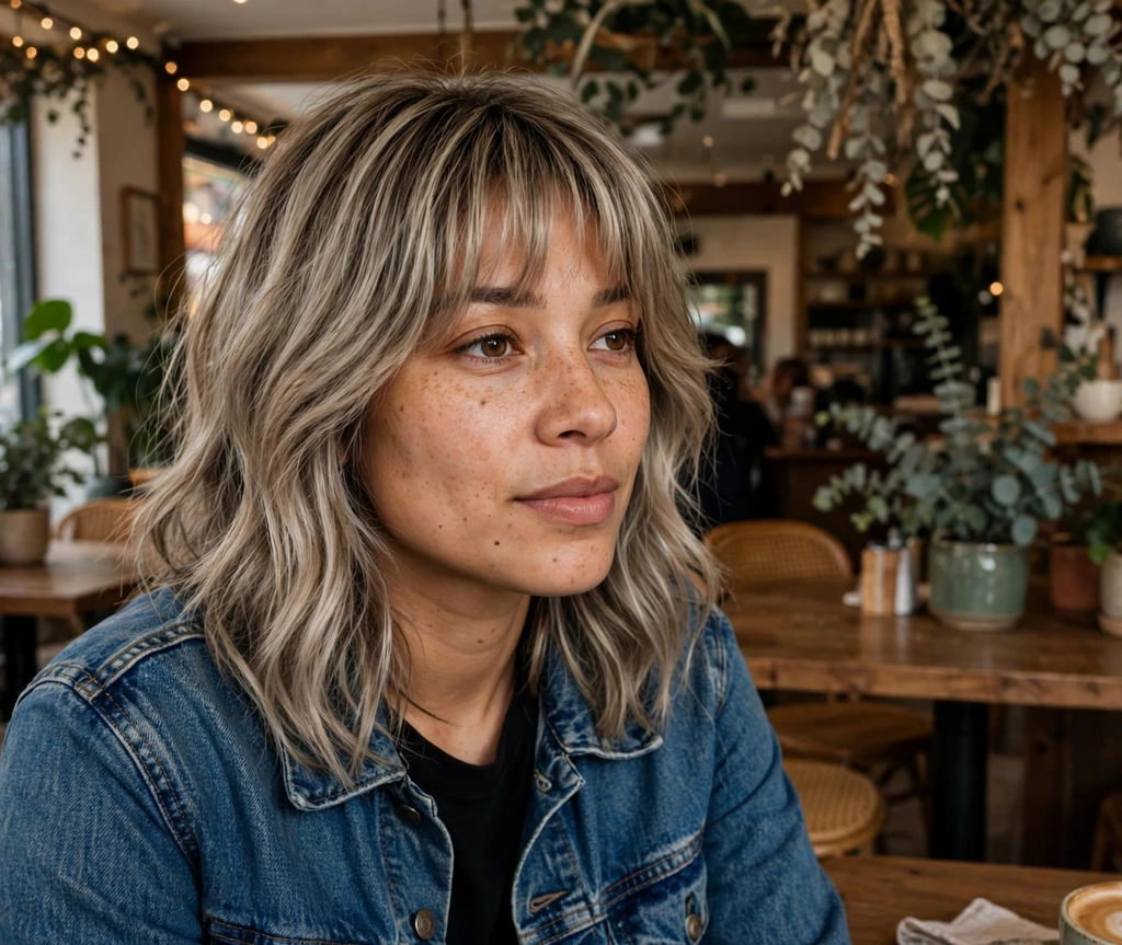 Woman with ash blonde layers and curtain bangs in a café
