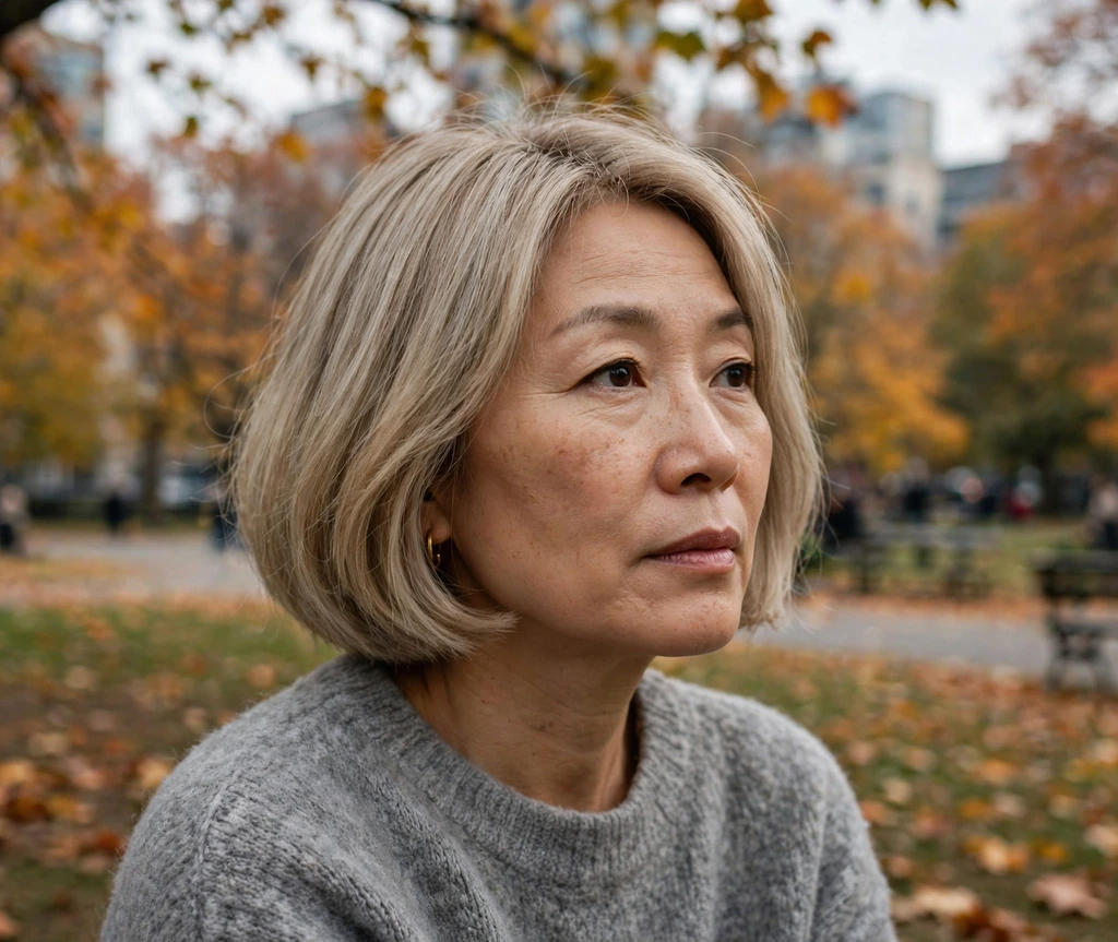 Woman with a mushroom blonde bob in a park