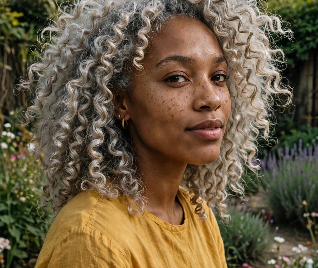 Woman with silver-ash blonde coily curls in a garden