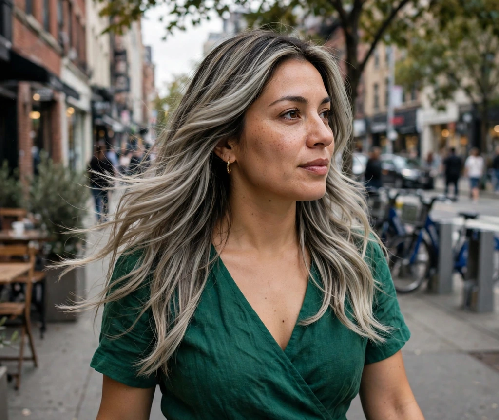 Woman with long layered ash blonde balayage on a city street