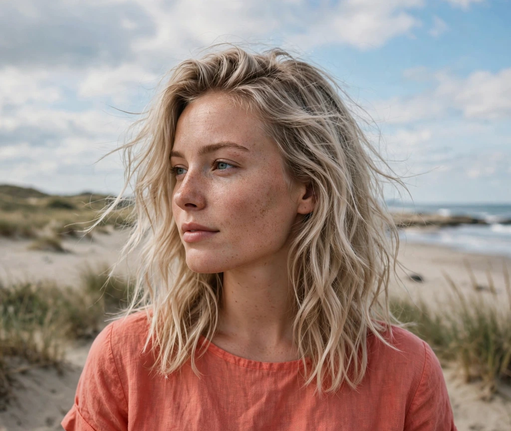 Woman with ash blonde beach waves on a beach