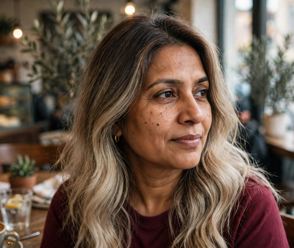 Woman with ash brown to ash blonde ombre hair in a café
