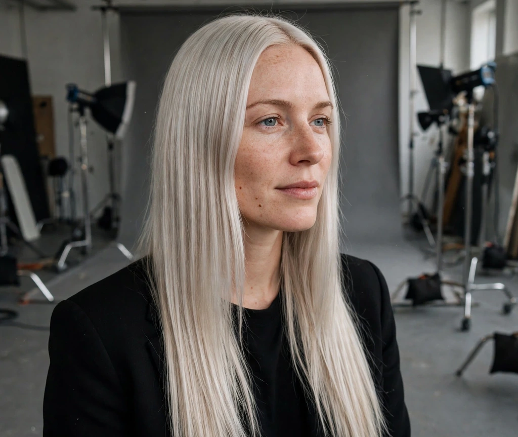 Woman with sleek platinum-ash blonde hair in a studio