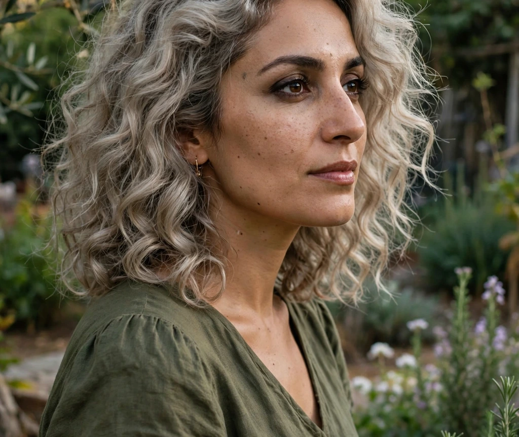 Woman with smoky ash blonde loose curls in a garden