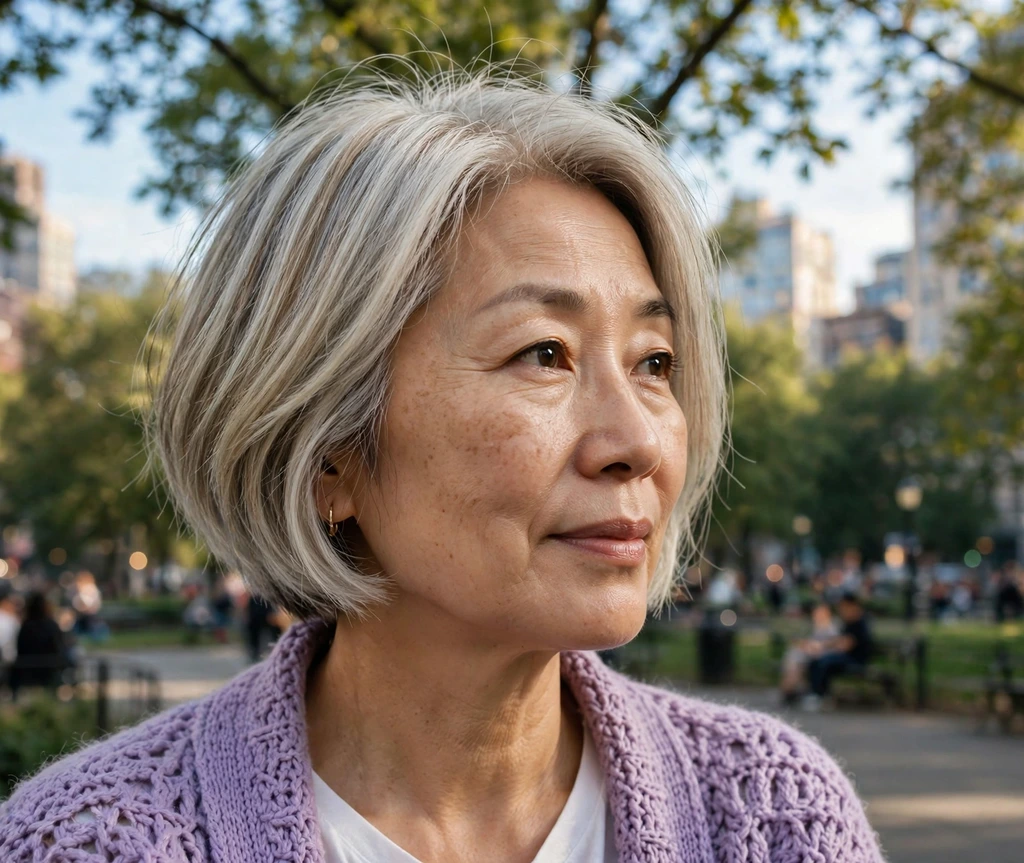 Woman with a silver-ash blonde short bob in a park