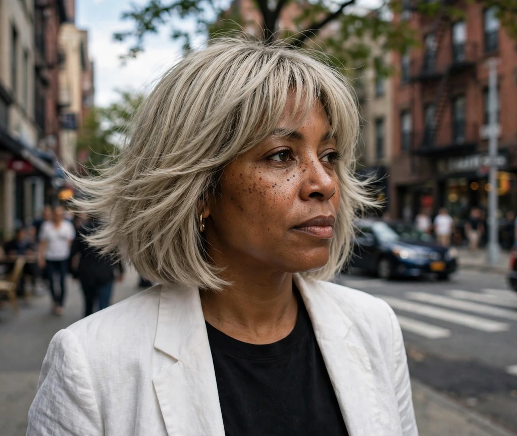 Woman with an ash blonde bob with bangs on a city street