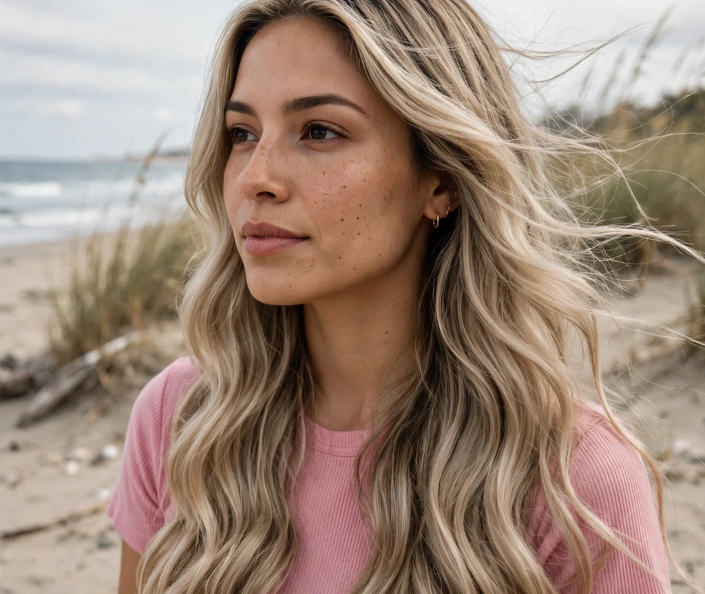 Woman with long beige-ash blonde waves on a beach