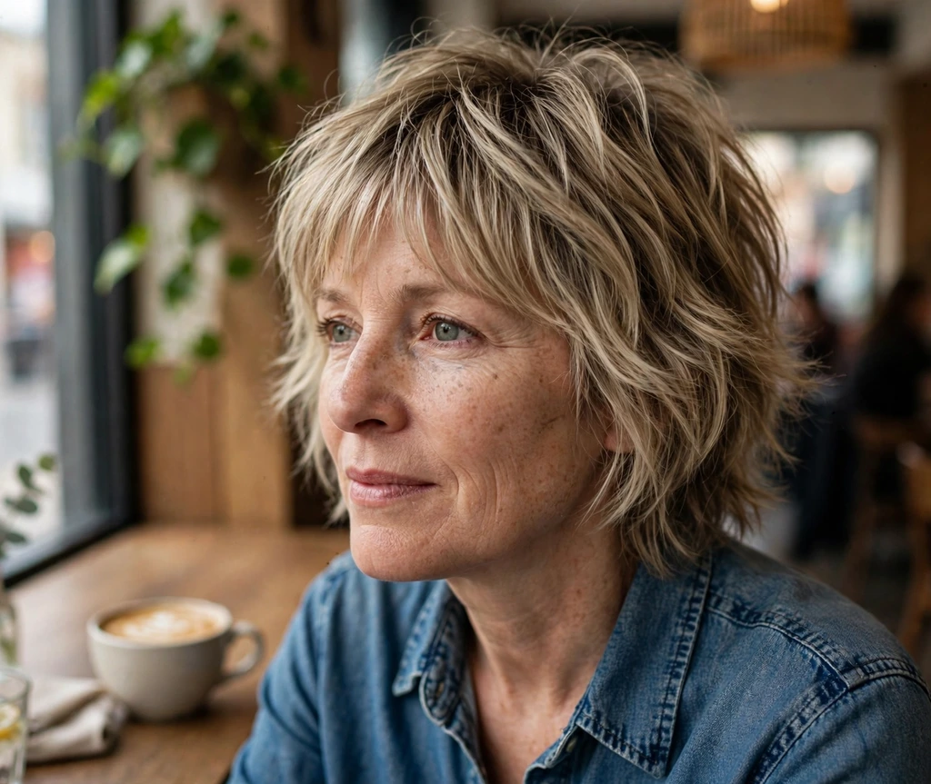 Woman with a mushroom blonde shag haircut in a café