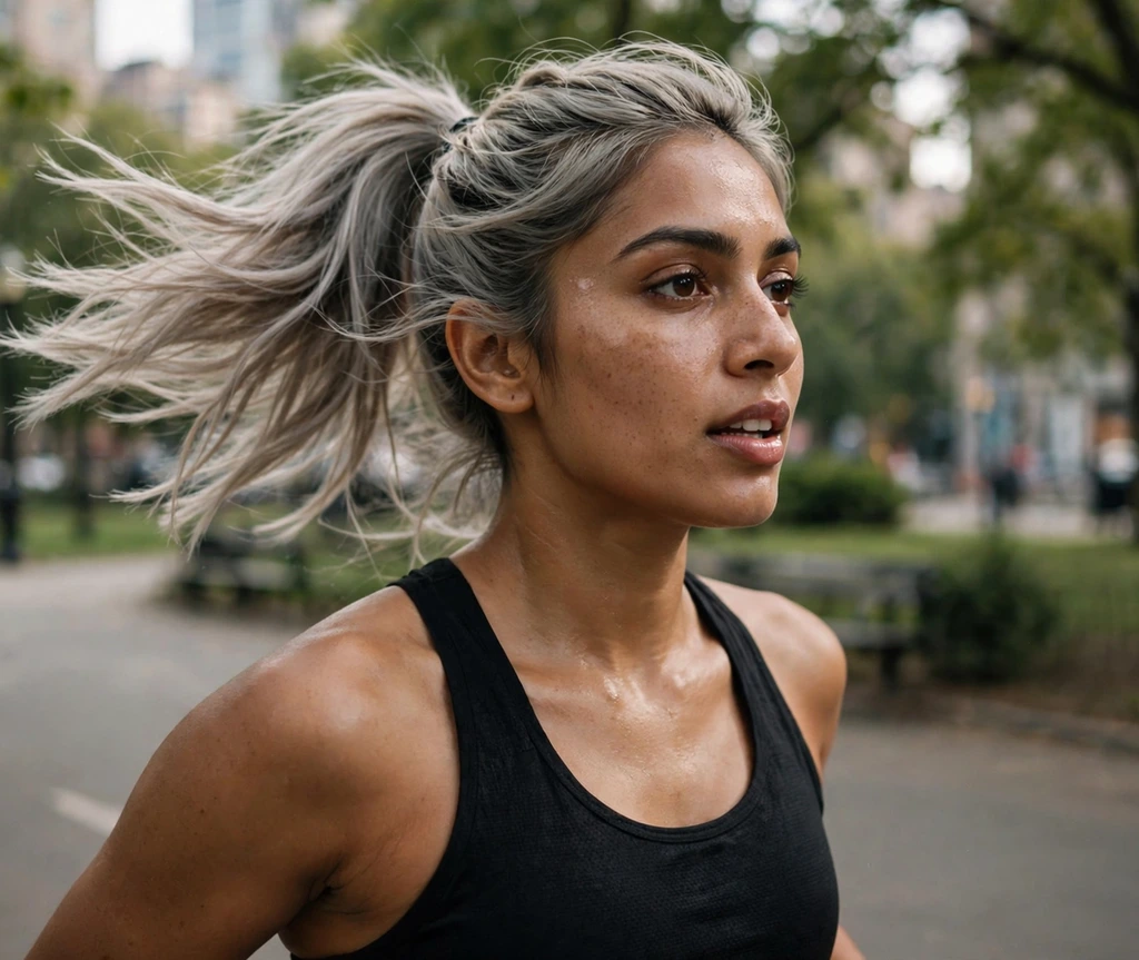Woman with a cool ash blonde high ponytail in a park