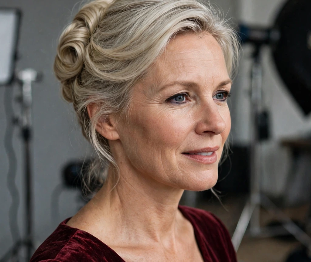 Woman with an ash blonde French twist updo in a studio