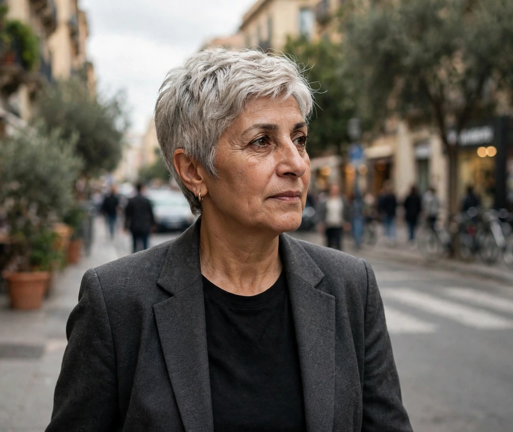 Woman with a silver-ash blonde pixie cut on a city street