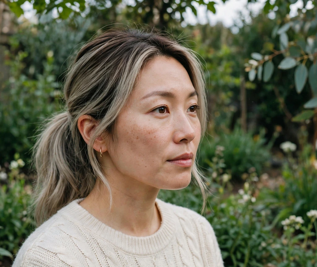 Woman with an ash blonde balayage low ponytail in a garden