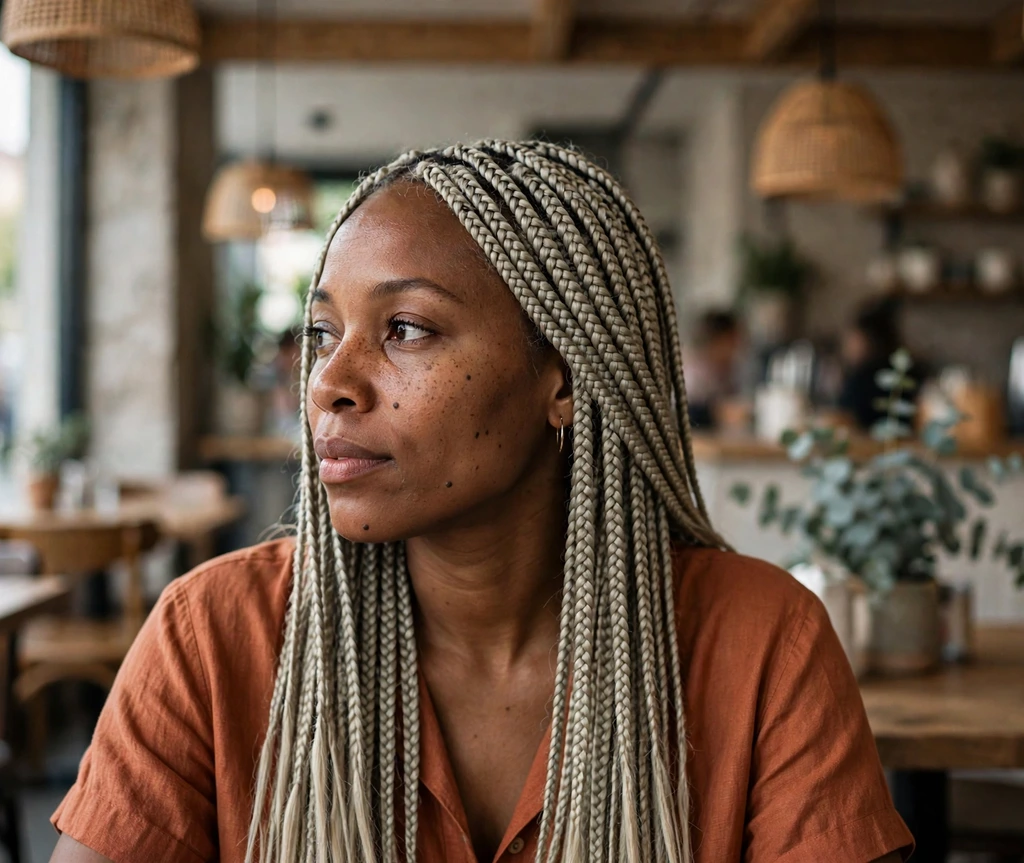 Woman with long ash blonde box braids in a café