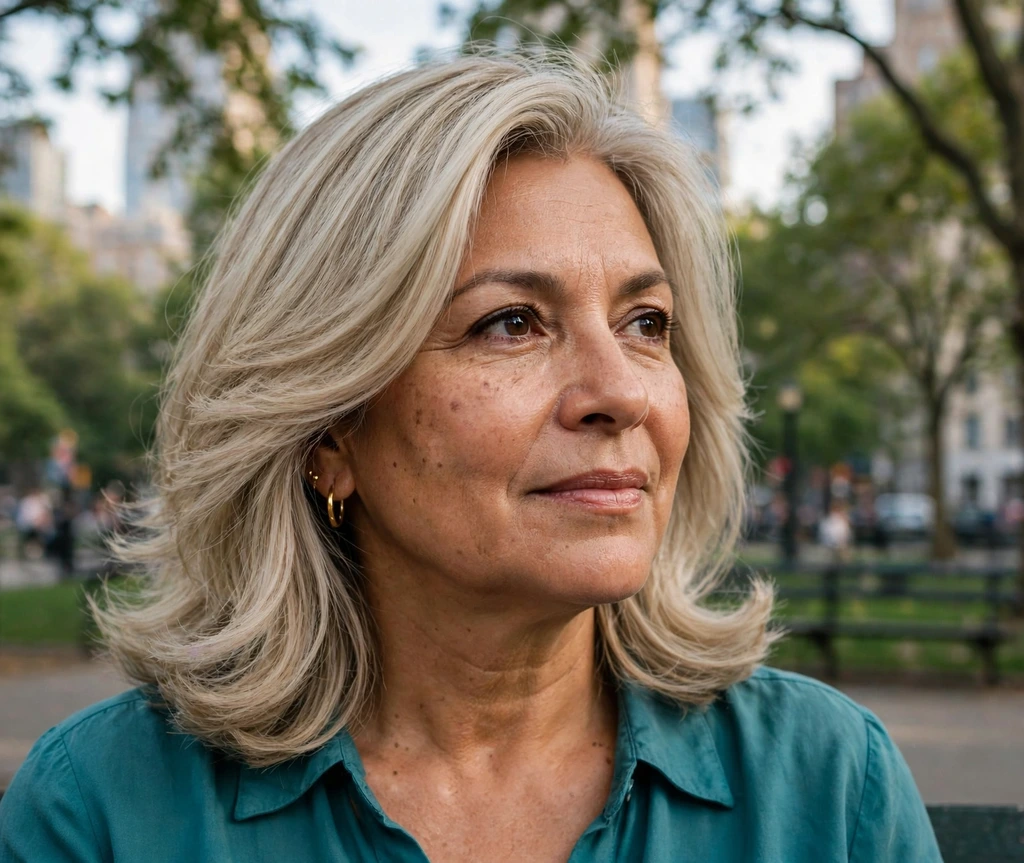 Woman with an ash blonde shoulder-length blowout in a park
