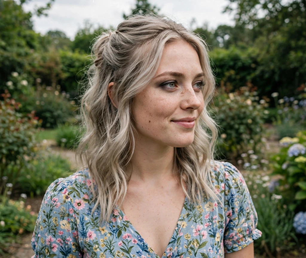 Woman with smoky ash blonde half-up waves in a garden
