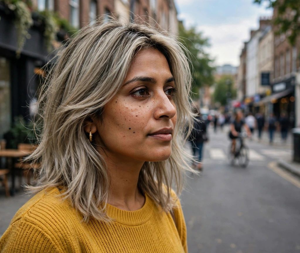 Woman with ash blonde face-framing layers on a city street
