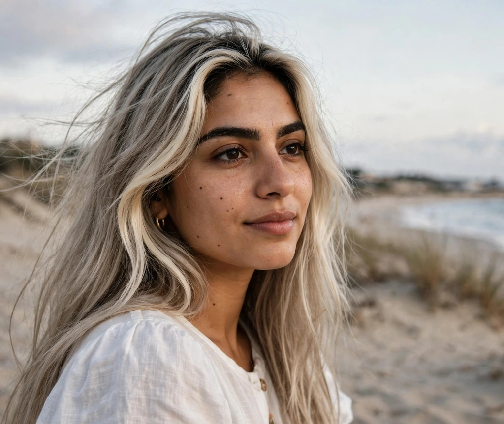 Woman with long ash blonde hair and a bright money piece on a beach