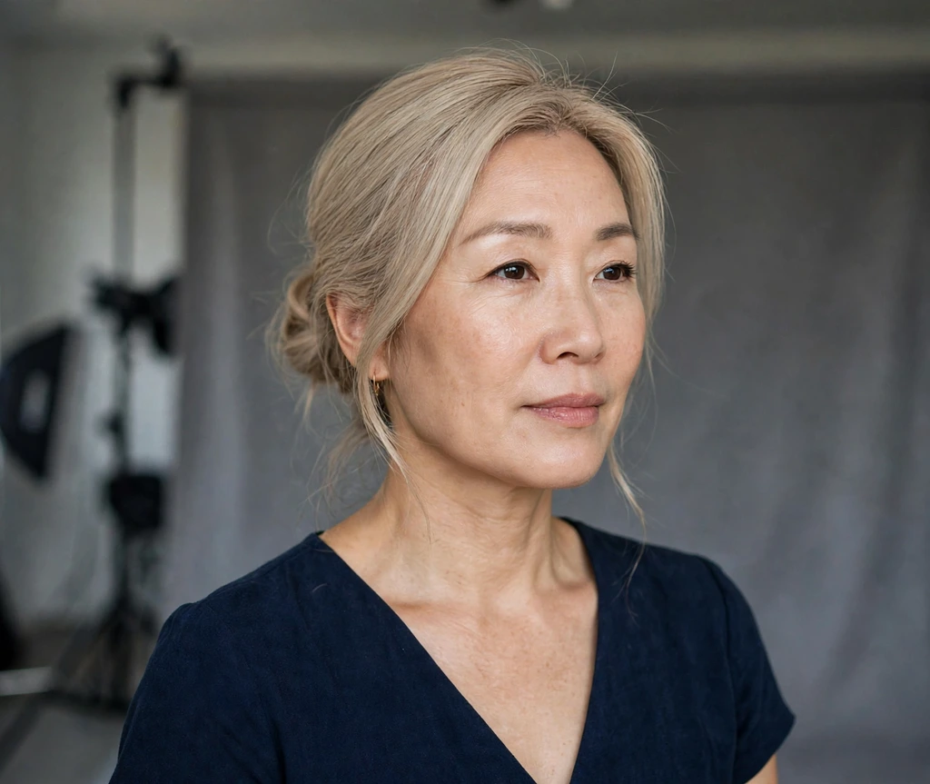 Woman with an ash blonde low bun in a studio