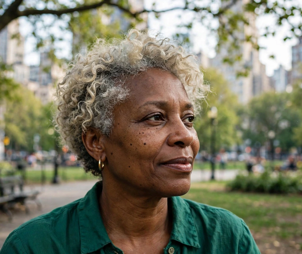 Woman with silver-ash blonde short natural curls in a park