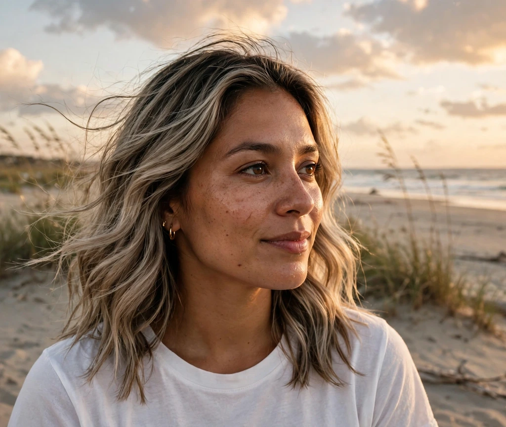 Woman with ash blonde balayage beach waves on a beach at golden hour