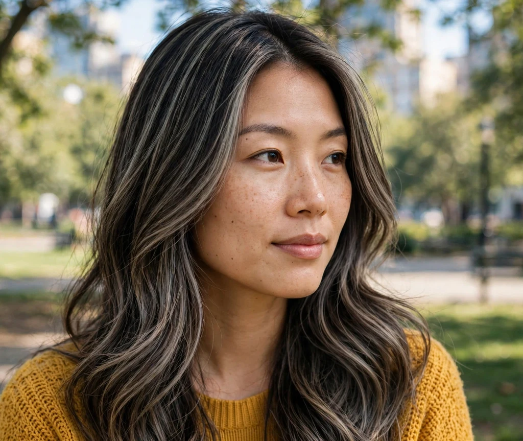 Woman with long layered dark hair with cool ashy babylights in a sunlit park