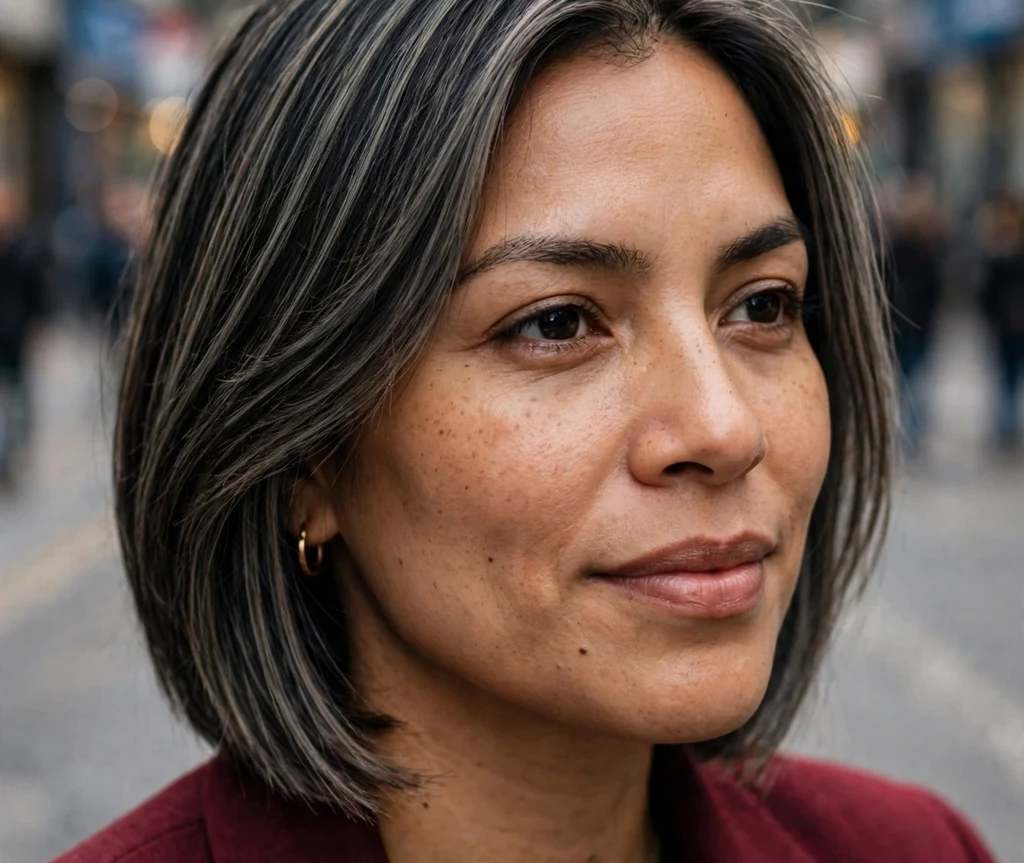 Woman with a sleek dark lob featuring fine ashy babylights on a city street